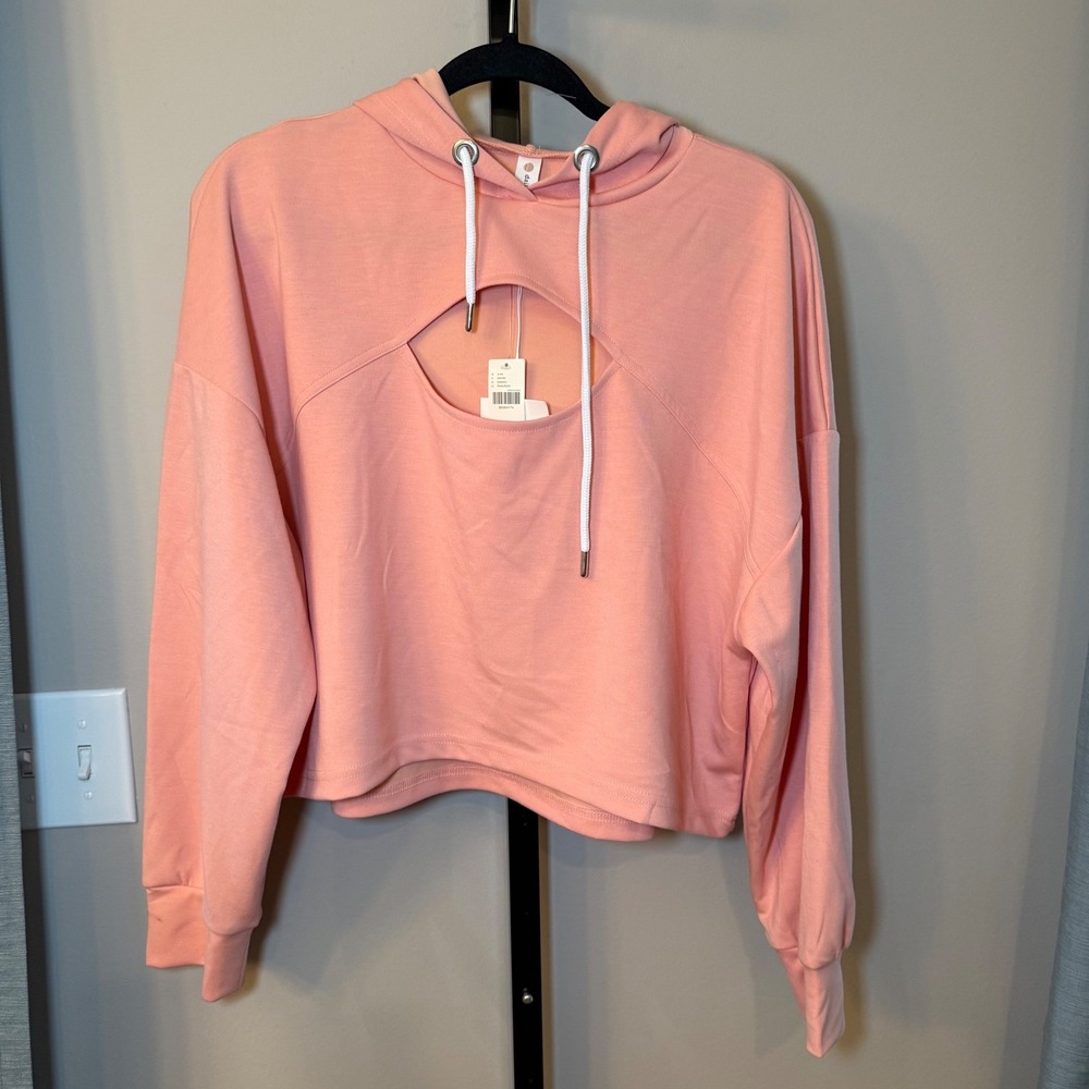Daily Practice Anthropologie NWT Sport Cutout Crop Hoodie Rose Pink‎ Size Medium - Picture 2 of 10